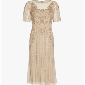 Adrianna Papell Illusion Beaded Mesh Boat Neck Dress Biscotti Party US 6 NWT